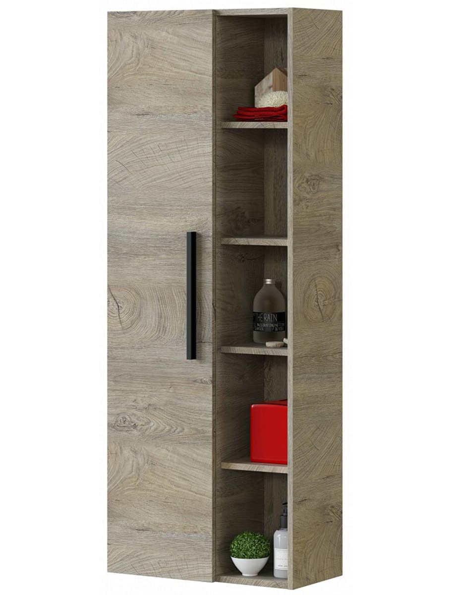 Columna de Baño Suspendida con una Puerta y Estantes con Acabado en Color Roble Alaska - Dim: 51 cm (Ancho) x 135 cm (Alto) x 25 cm (Fondo)