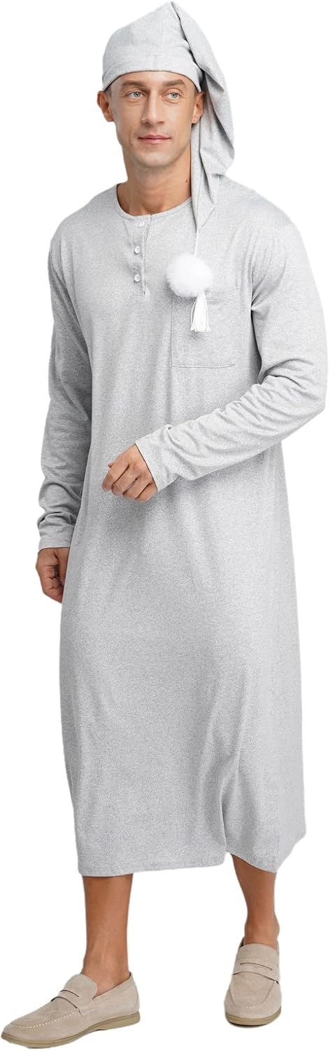 ACSUSS Mens Nightgown Loose Robe Round Neck Pajama Sleeping with Hat Dubai Nightshirt Arab