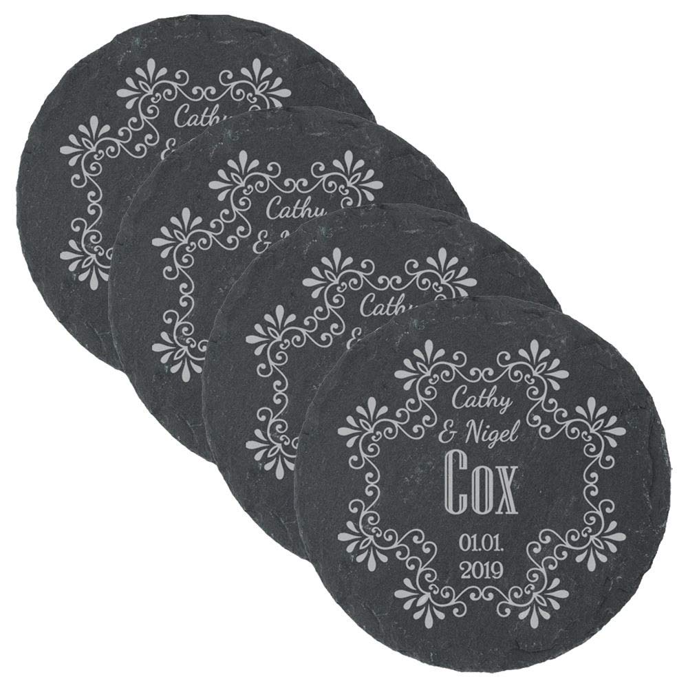 All Things Personalised Set Of 4 Personalised Engraved Round Slate Wedding Coaster With Names