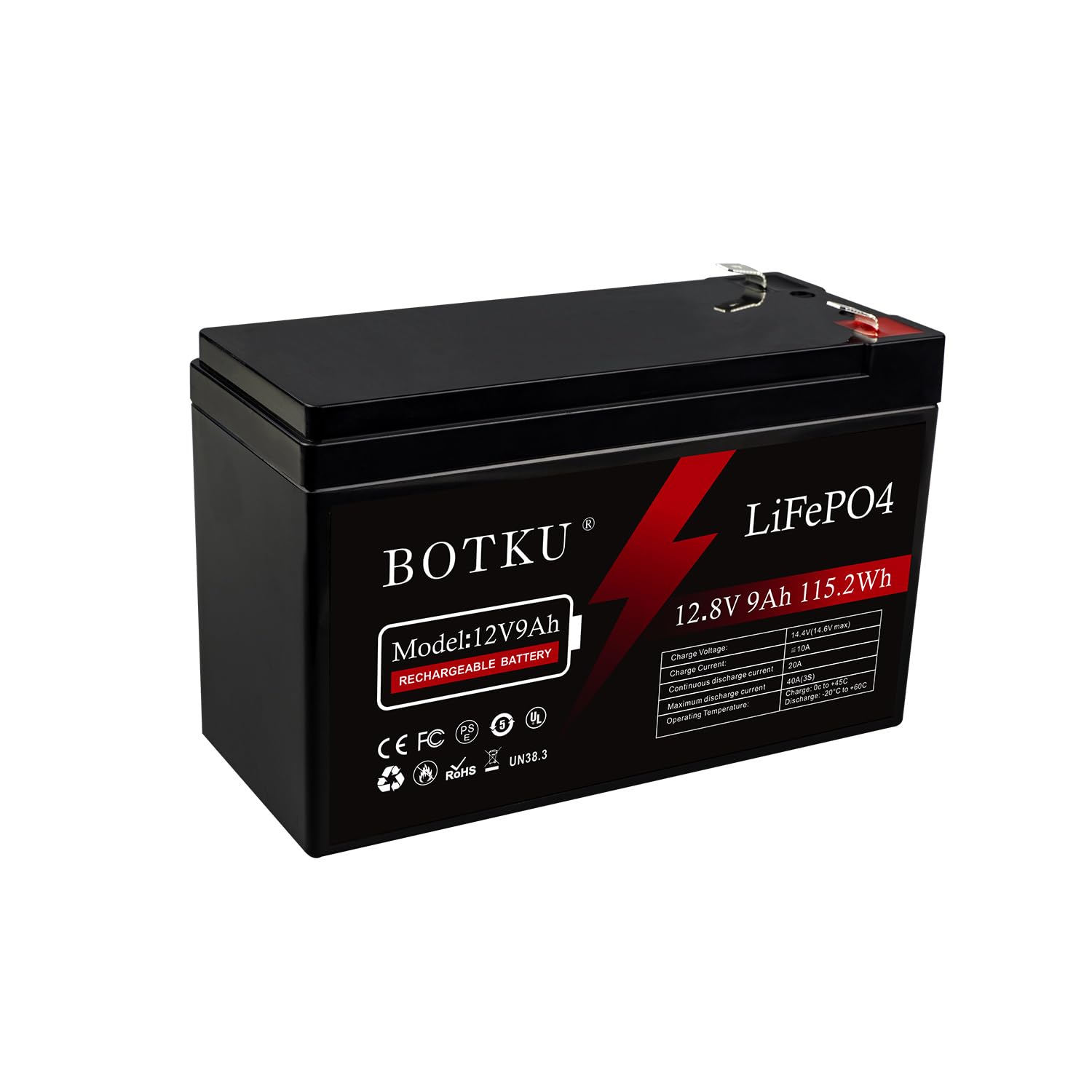 BOTKU 12V 9Ah リチウムLiFePO4ディープサイクルバッテリー、3000回以上のサイクル充電式リン酸鉄リチウムバッテリー ソーラー、魚群探知機、照明、オフグリッドアプリケーション用 10A BMS付き