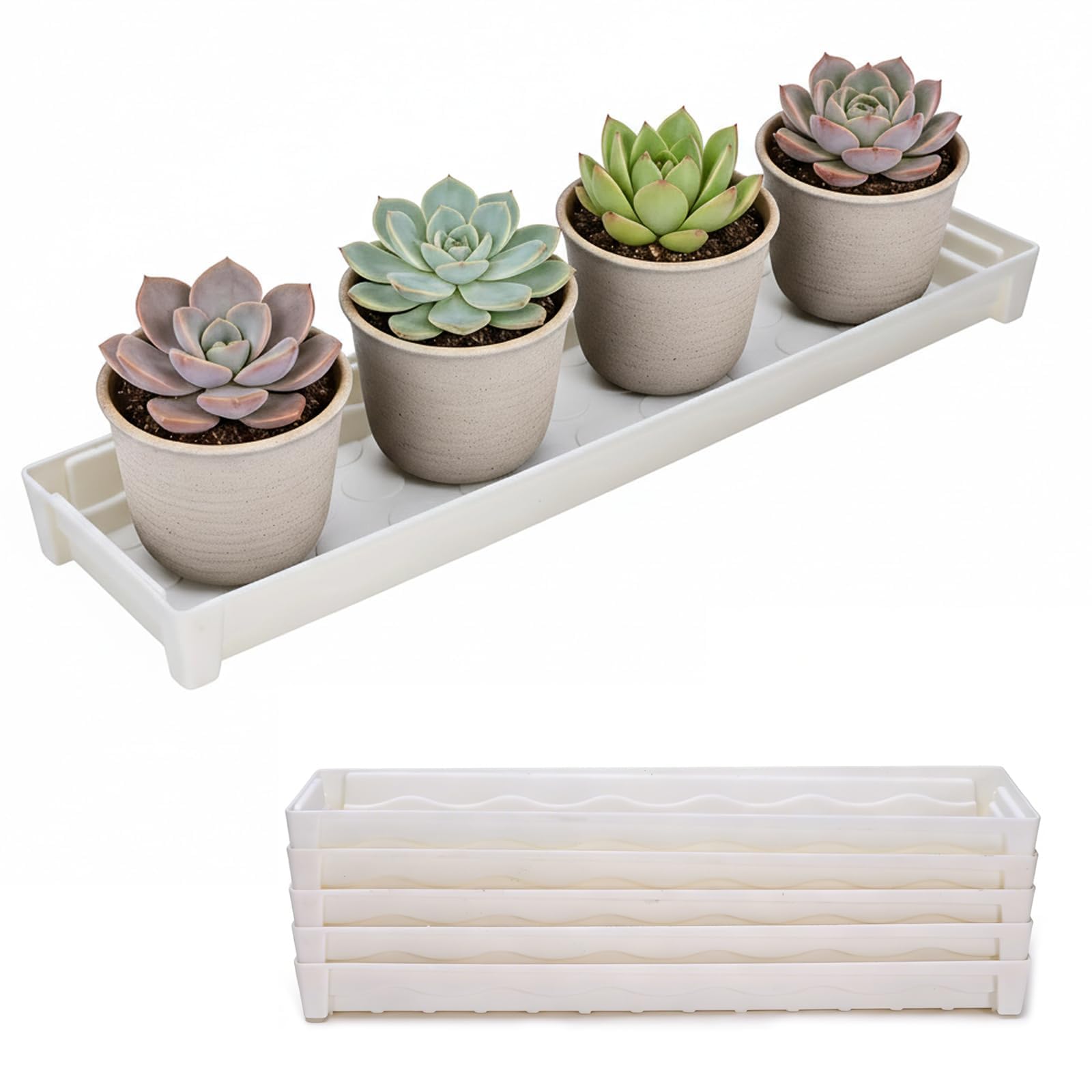 Punorric 6 Pack Square Plant Tray - Heavy-Duty Plastic Potting Tray & Plant Saucers with Drain Plug for Indoor/Outdoor/Garden/Hydroponic/Succulent Pots (41x11.5x4cm, White)