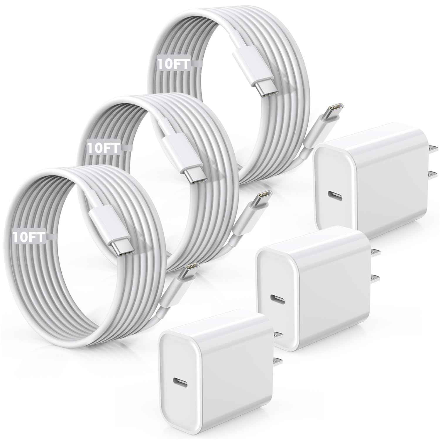 Fast Charger for iPhone 16/15 Charger,10FT Extra Long Fast Charging 3Pack USB-C Wall ChargerBlock USB C To USB C Fast Charging Cable Cord for iPhone 16 Pro Max/iPhone 15 Pro/15 Plus,iPad Pro/Air/Mini