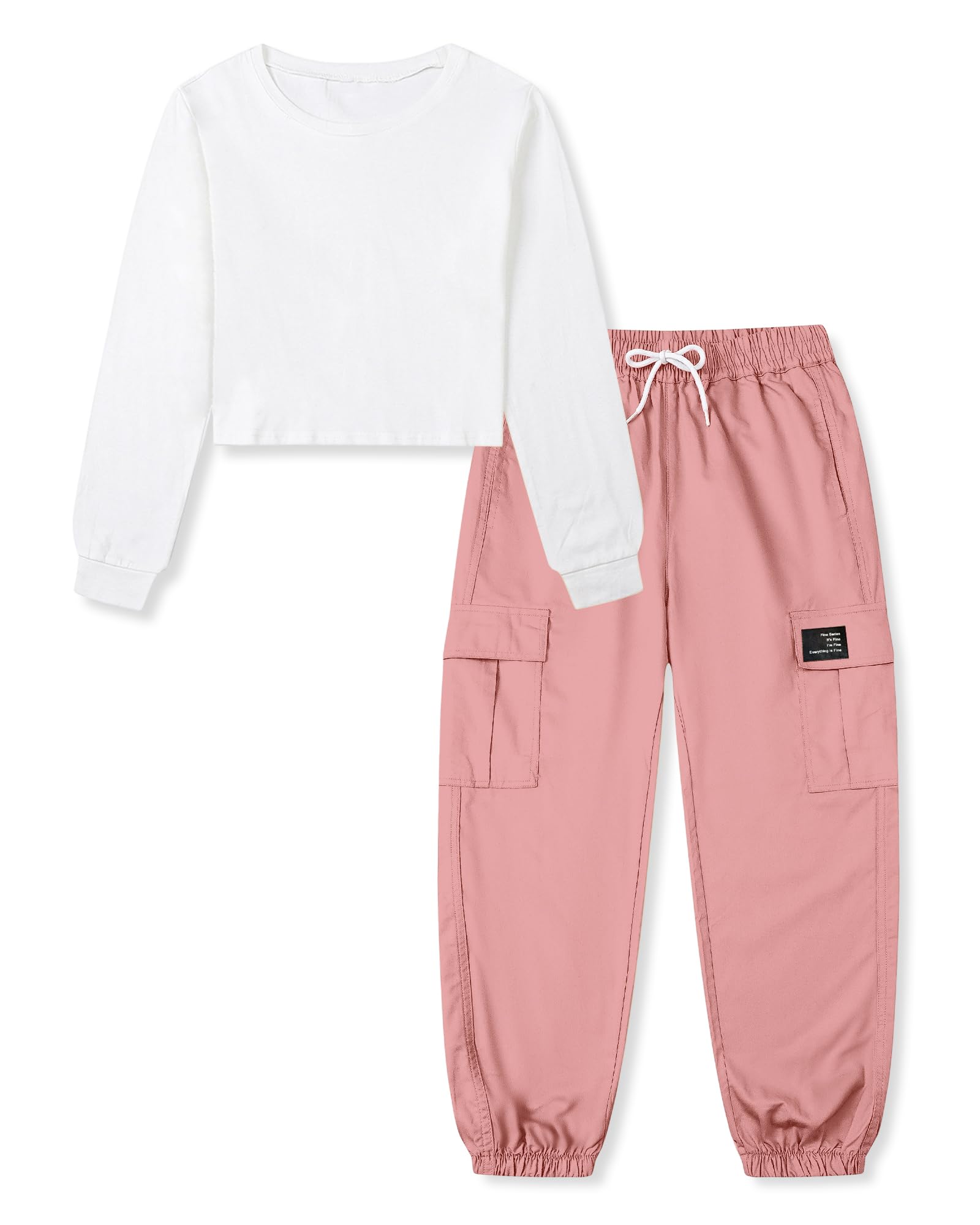 Betusline Girls Fall Winter Clothing Sets, Long Sleeve Crop Top &amp; Cargo Jogger Pants 2 Piece Outfit Sets,4T-14Y