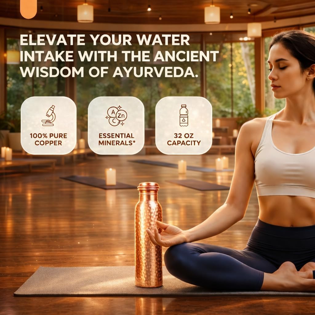 Bold & Divine Premium-Wasserflasche aus reinem Kupfer, gehämmert, Ayurvedische gesundheitliche Vorteile, handgefertigtes Kupfer-Wassergefäß, auslaufsicheres Design, rostfrei, inklusive Tragetasche aus