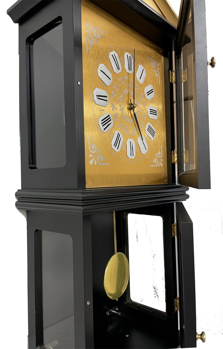 Reloj de Pared de péndulo, Madera y Cristal Lacado Negro, 78cm, Reloj regulador Cuarzo, con soneria, 3 melodías, Suena Enteras y Cuartos
