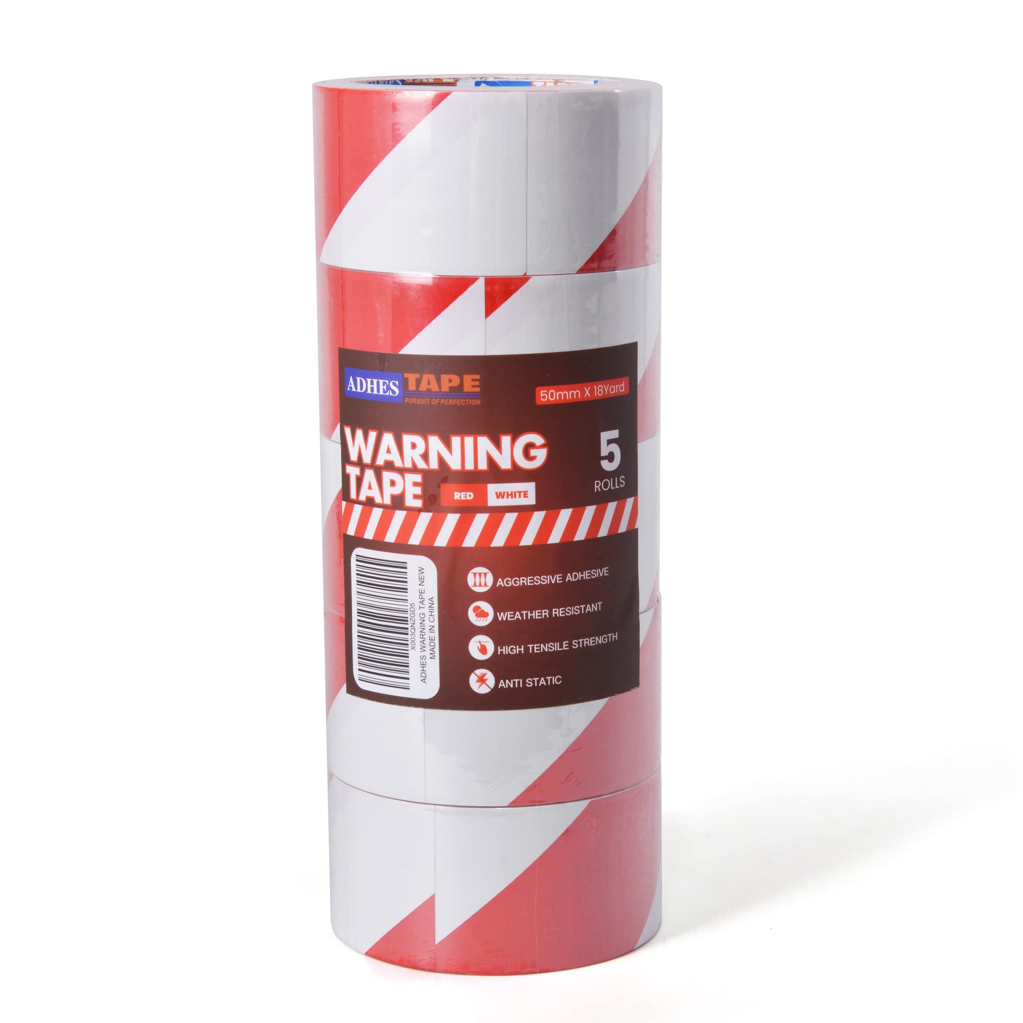 ADHES Cinta Adhesiva de Señalización de Marcado de Advertencia de Peligro, Cinta de Señalización de Suelo de PVC, Roja y Blanca, 50 mm x 32 m, 5 Rollos