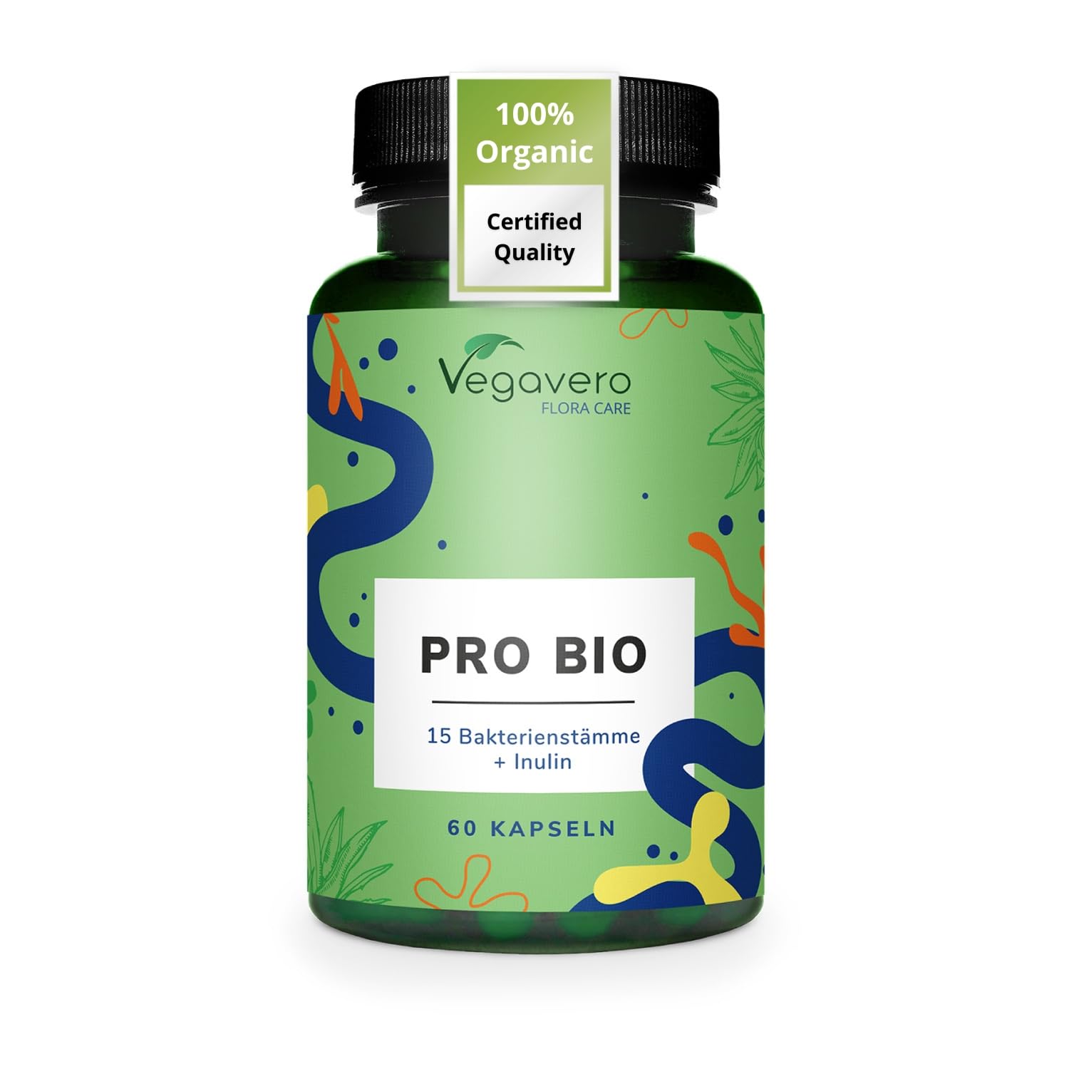 Vegavero Probiotics & Prebiotics | 100% Organic | 15 Strains (Lactobacillus + Bifidobacterium) | 15 Billion Active Bacteria & Inulin from Agave | 60 Vegan Capsules | NO AdditivesEU Organic