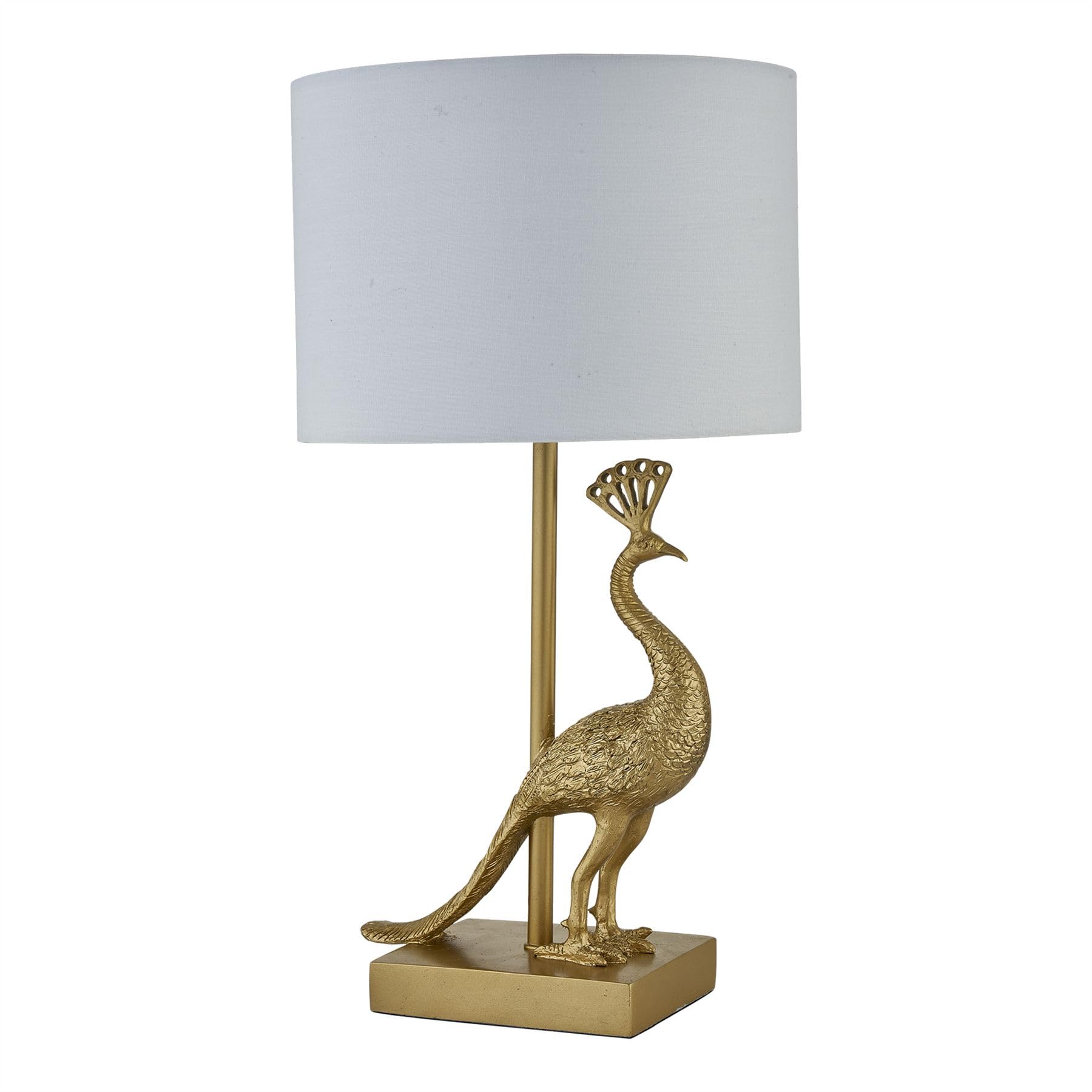 Firstchoicelighting Gold & White Gold Peacock Table Lamp Or Bedside Light With White Fabric Shade, Resin Base, Height 41Cm, Led Compatible