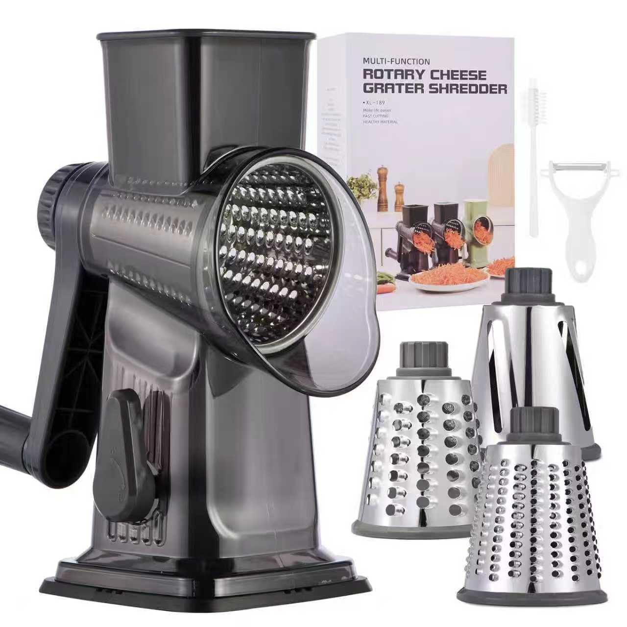 Rotary Cheese Grater with Handle Kitchen Shredder Slicer Grater Slicer Ice Shaver Cheese Vegetable Nuts Potato Zucchini Chocolate 3 Interchangeable Blades (Dark Grey TSP)