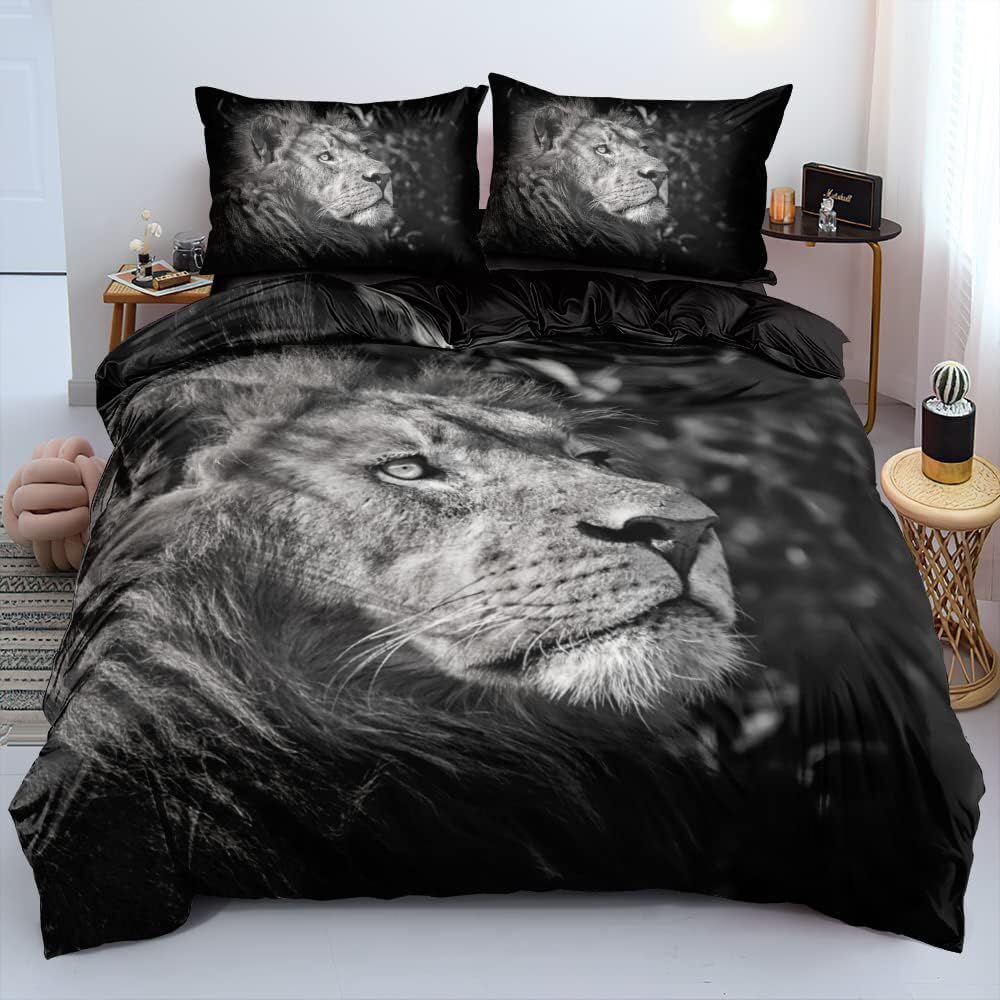 Luowei Löwe Bettwäsche 135x200cm Kinder Jungen Tieremotiv Schwarz Mikrofaser Bettbezug Set Weich 3D Effekt Bettwäsche 2teilig mit Reißverschluss und 80x80 cm Kissenbezug