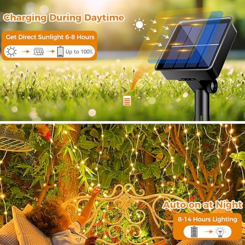 btfarm 2 Pack Solar String Lights Outdoor Garden, Total 12M 120 LED Fairy Lights Solar Powered 8 Modes, Copper Wire Solar Lights for Decorating Garden, Yard, Tree, Christmas, Warm White - Image 2