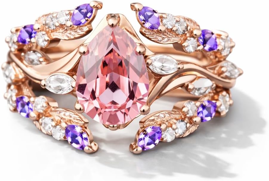 Pear Cut Morganite Engagement Ring Enhancer Set for Women 18K Rose Gold Leaf Vine Wedding Ring with Amethyst & Diamond Accents Vintage Floral Bridal Promise Jewelry Gift