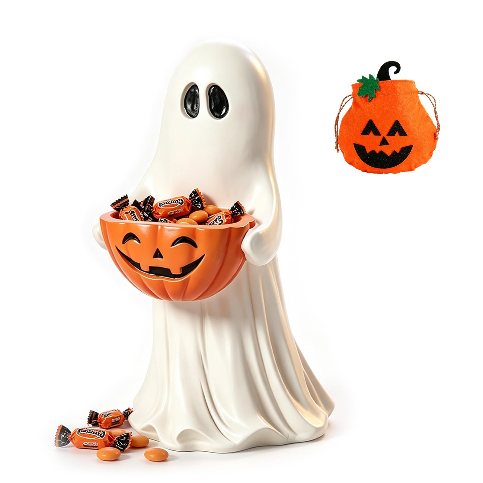 Syeefula 14 Inch Resin Ghost Statue with Pumpkin Candy Bowl, Halloween Decoration (1PC)