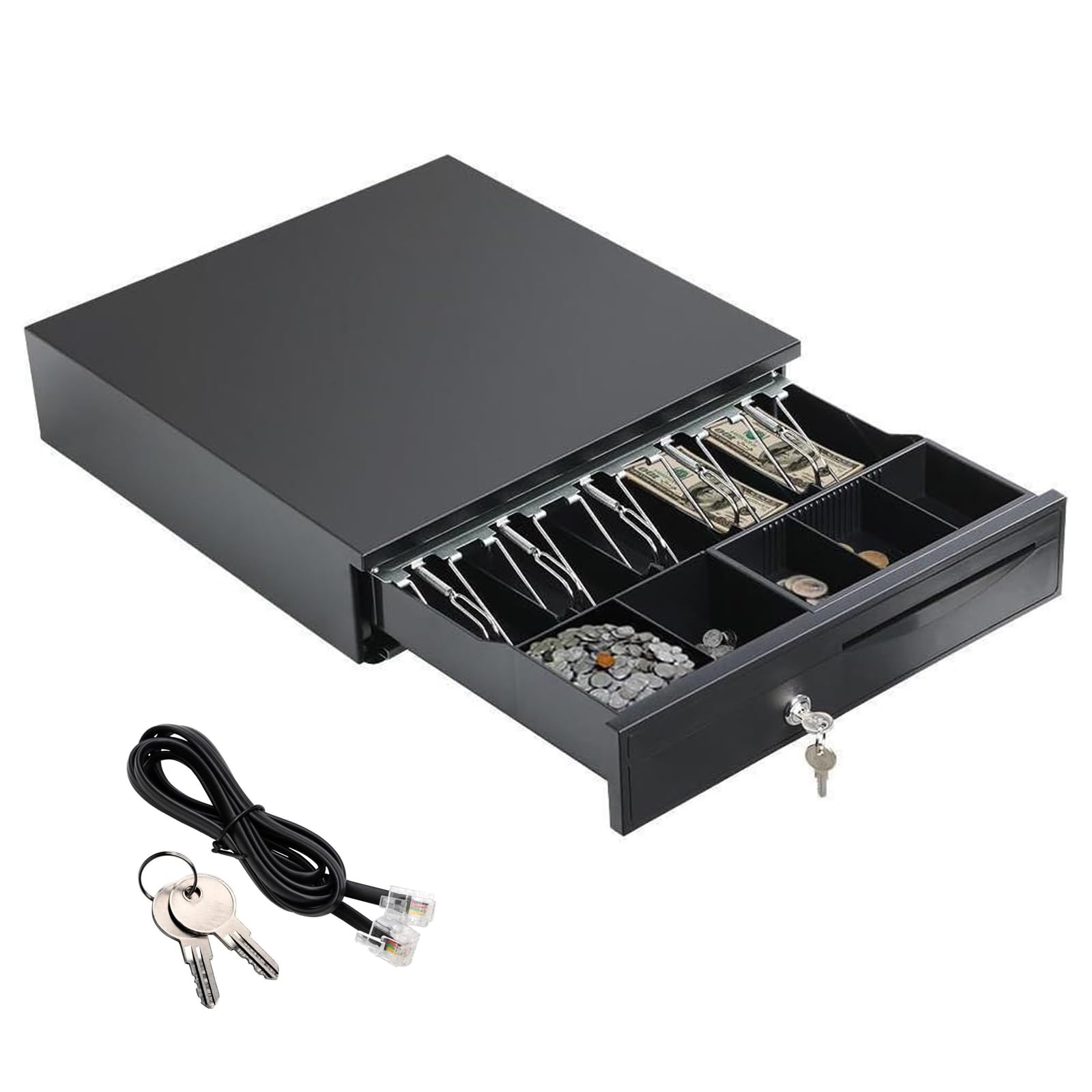 Cash Box Money Till Drawer with 5 Bill 5 Coin Removable Trays, Cash Register Drawer Auto Manual Open, Key-Lock RJ11 Adjustable Removable Cash Tray Till,Black
