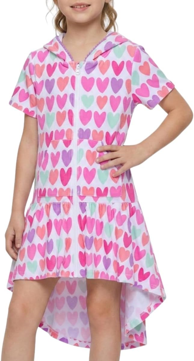 Girls Hooded Terry Swim Cover-Up Dress Full Zip Cute High-Low Hem Beach Dress with Pockets for Toddlers & Kids