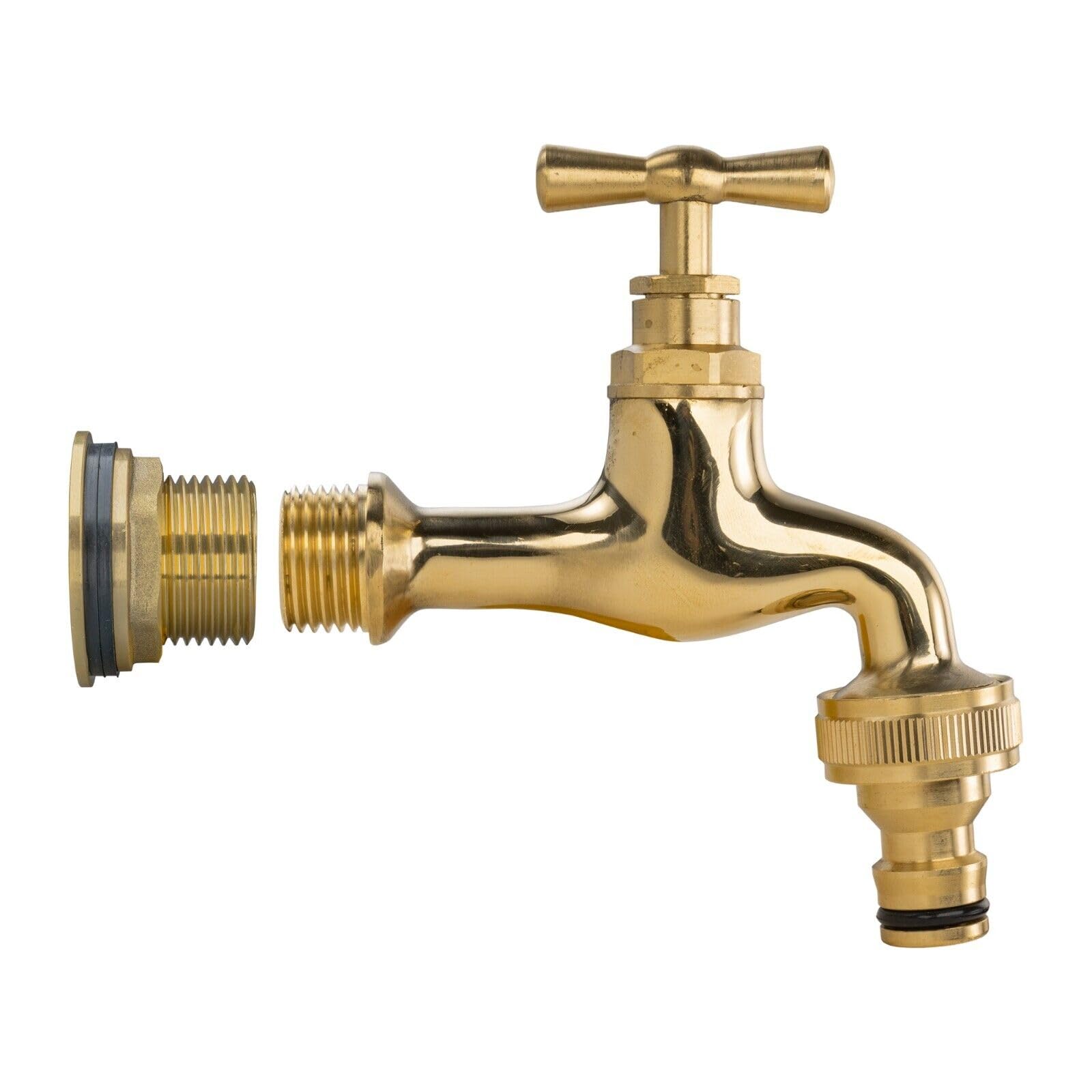 3/4" Water Butt Replacement Faucet – Brass Metal Lever Tap with UK Bib Outlet & Hose Barb Adapter,Quick Connect Garden Hosepipes (Polished Brass Bib (Quick Connector))
