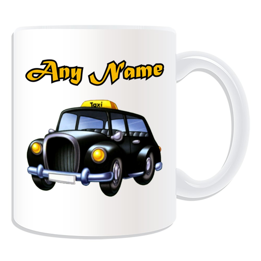 Unigift White Personalised Gift - Black Cab Mug (Transport Design Theme, ) - Any Name/Message On Your Unique - London Taxi Hackney Carriage Hack Vehicle Automobile Remise Driver Taxicab Public Hire