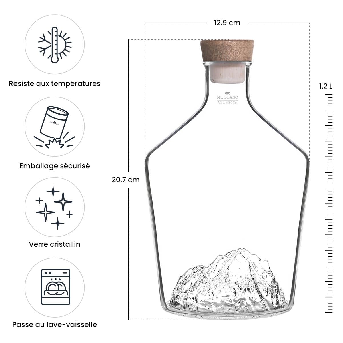 Carafe à spiritueux 1,2L – Verre borosilicate soufflé artisanalement avec montagne en relief 3D | Bouchon bois & liège, design premium | TOPOGRAPHIC (Mont Blanc)