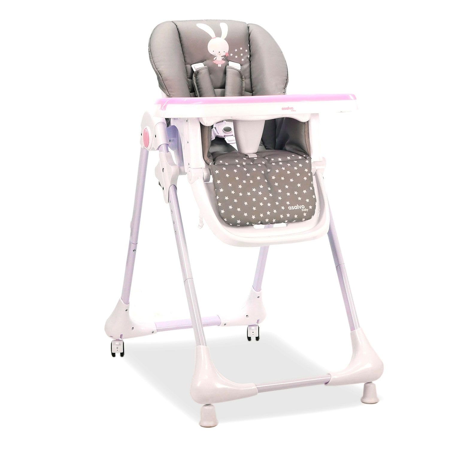 Trona CHEF con Ruedas para Bebé – Altura y Respaldo Reclinables, Bandeja Doble Extraíble, Arnés 5 Puntos, Plegado Compacto, Textil Lavable – Conejito Rosa Asalvo