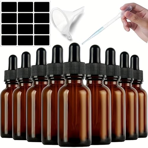YUEMOE 9 Pack 1oz Tinktur Flasche mit gemessenen Augentropfen, leere 30ml Öltropfen Flasche für ätherische Öle, Flüssigkeiten - Wärmeschrumpfung Wrap & Etiketten & Trichter