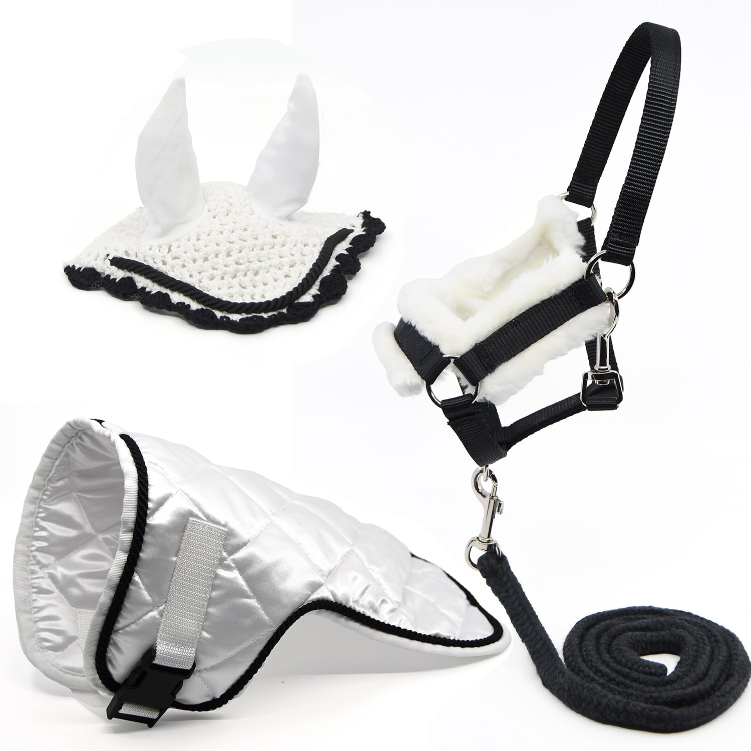 Zubehörset schwarz und weiß für Hobby Horse und Pferd, Stock, Halfter mit Führstrick + Decke + Fliegenhaube