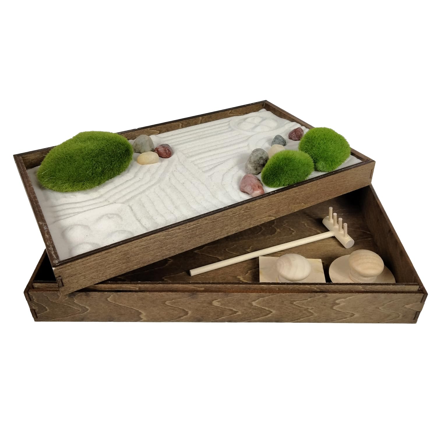 Sunny Lark Wooden Stackable Zen Garden | White Sand with Rake & Accessories | Minimalist Decor Gift for Relaxation