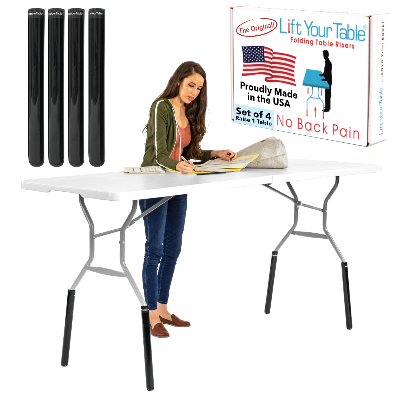 Lift Your Table® Folding Table Risers - Standing Desk Kit - Made in The USA, Heavy Duty, Sturdy, Portable, Easy-to-Use Extensions Raise Bent Leg Folding Tables (Set of 4)