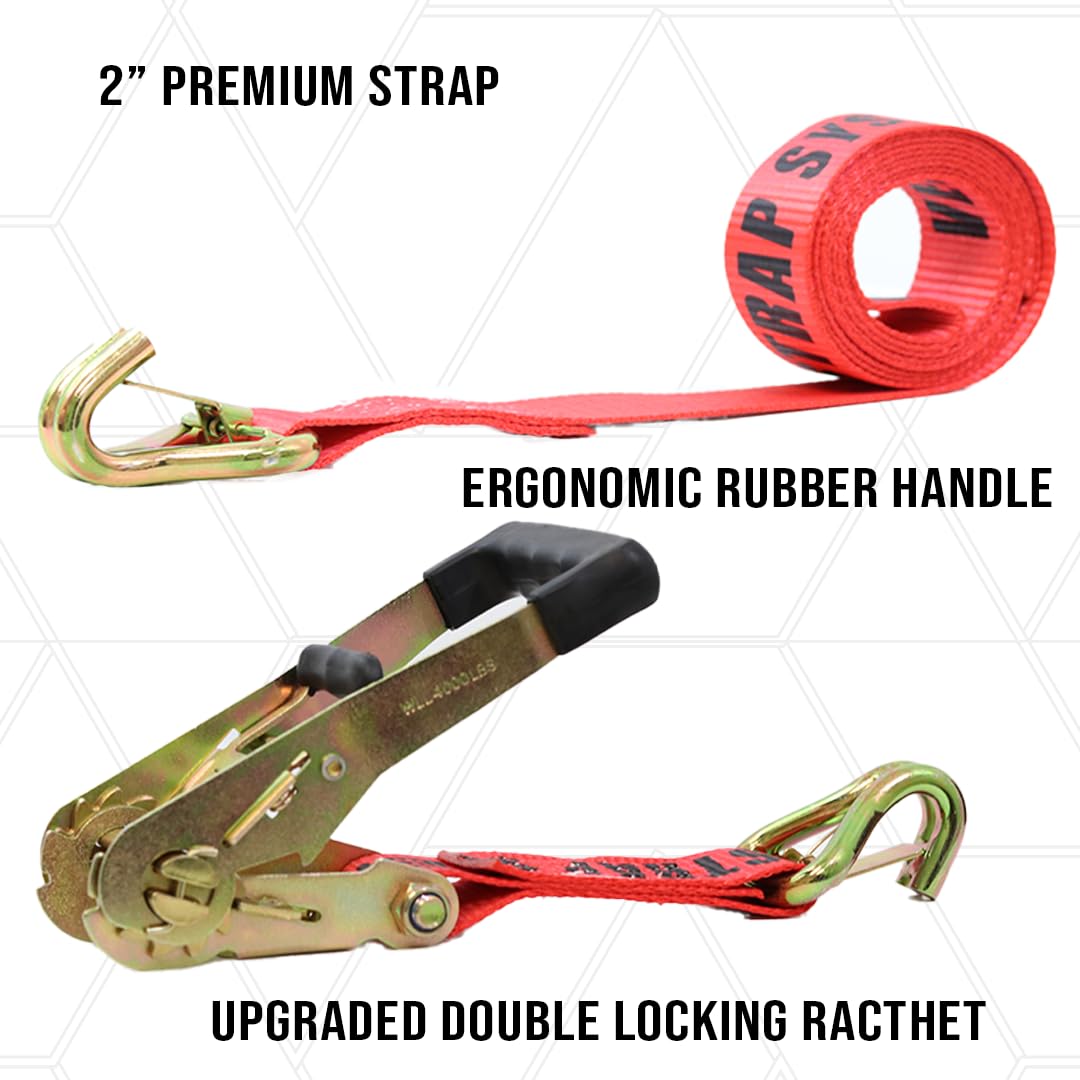 Boxer Tool Kit de amarre de coche resistente con cierre de seguridad de gancho en J, resistencia a la rotura de 10 libras, carga de trabajo de 3300 libras, correa roja premium de 2 x 114 pulgadas
