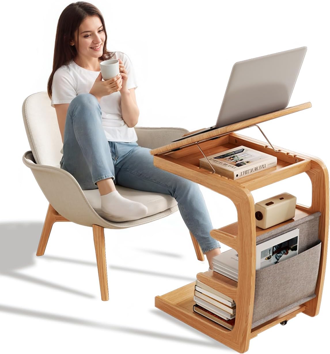 Wooden C-Shaped End Table with 2 Wheels