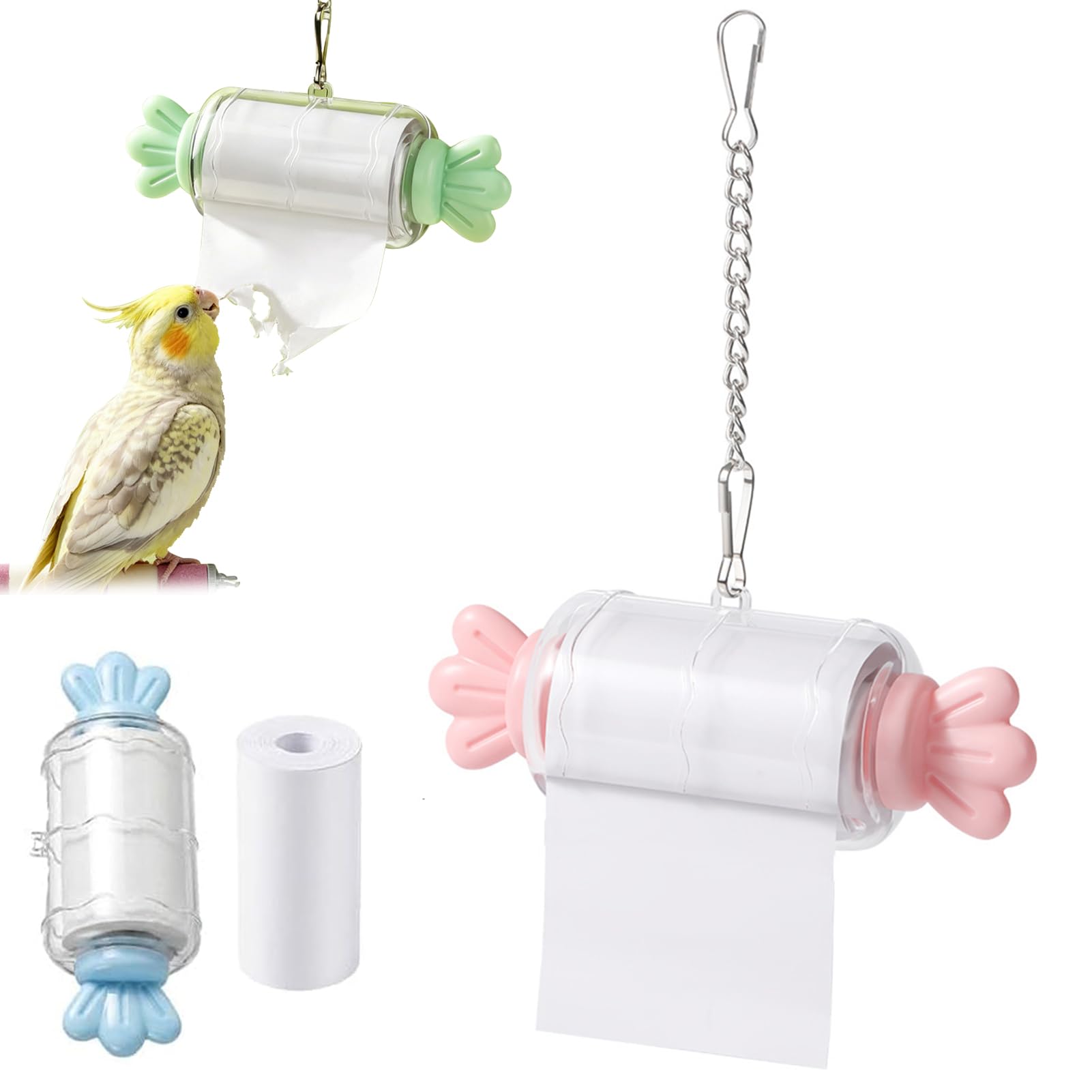 Parrot Rolling Paper Play Toy with Hanging Chain, Bird Shredding Toys, Interactive Bird Foraging Roll Paper Holder, Small Parrot Chew Toys for Parakeet Cockatiel Conure, Gift for Bird Lovers (Pink)