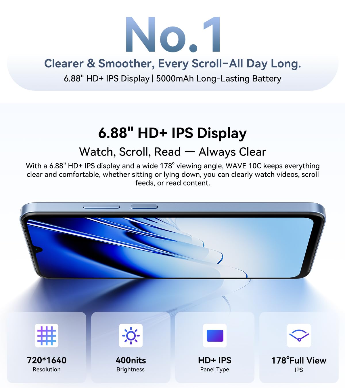 Blackview Wave 10C Smartphone 4G IA Débloqué, 6,88" HD+ Écran, 16Go+128Go(2TB Externe), 3 Assistants IA Intelligents, 32MP+13MP, 3 Emplacement Carte, Android 16 Double SIM Téléphone GPS, Orange