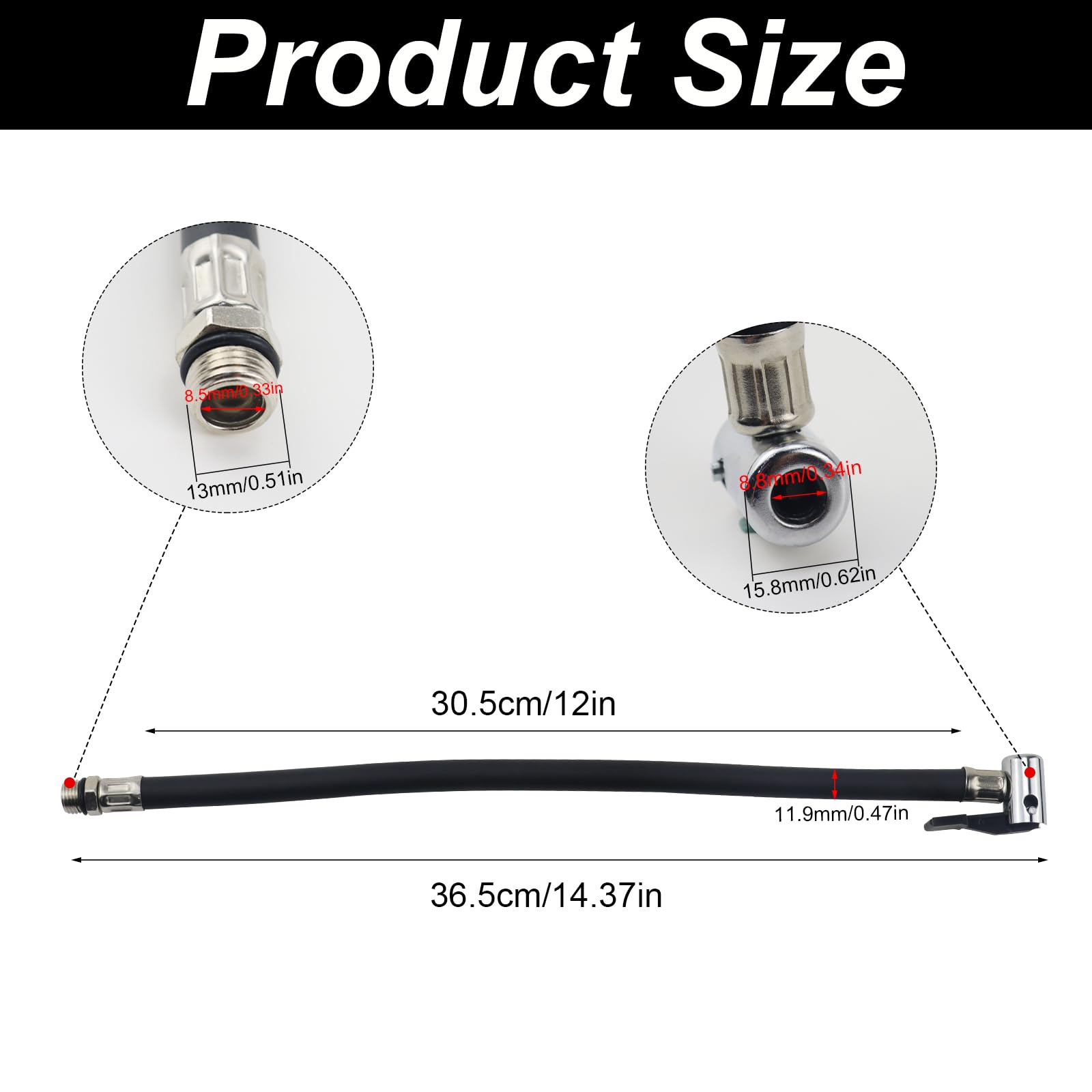 36cm Tubo Flessibile per gonfiaggio Pneumatici Tubo di prolunga per Pompa d'Aria Tubo di Prolunga per Gonfiaggio Pneumatici per Pneumatici Auto Bicicletta Motociclo