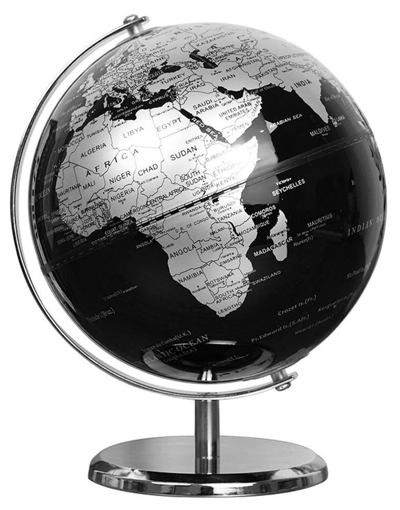 14cm Metallic World Globe Political Map Globe - English Map - Educational|Geographic|Modern Desktop Decoration - Stainless Steel Arc Base - School | Home | Office