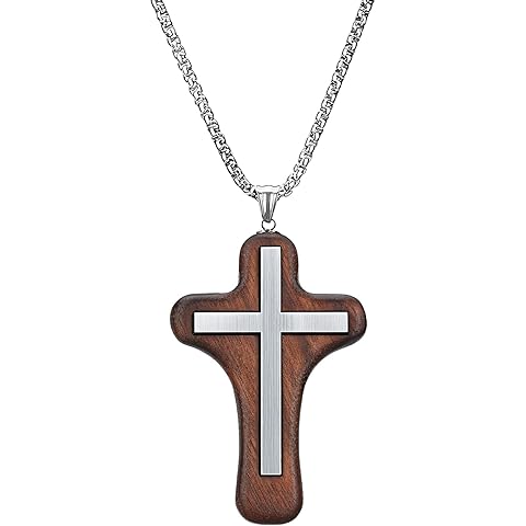 Fvjznik Wooden Cross Necklace for men ,A stainless Steel cross elegantly embedded within a handmade Natural Black Walnut Wood Crucifix Pendant of graceful contours,with Necklace 24
