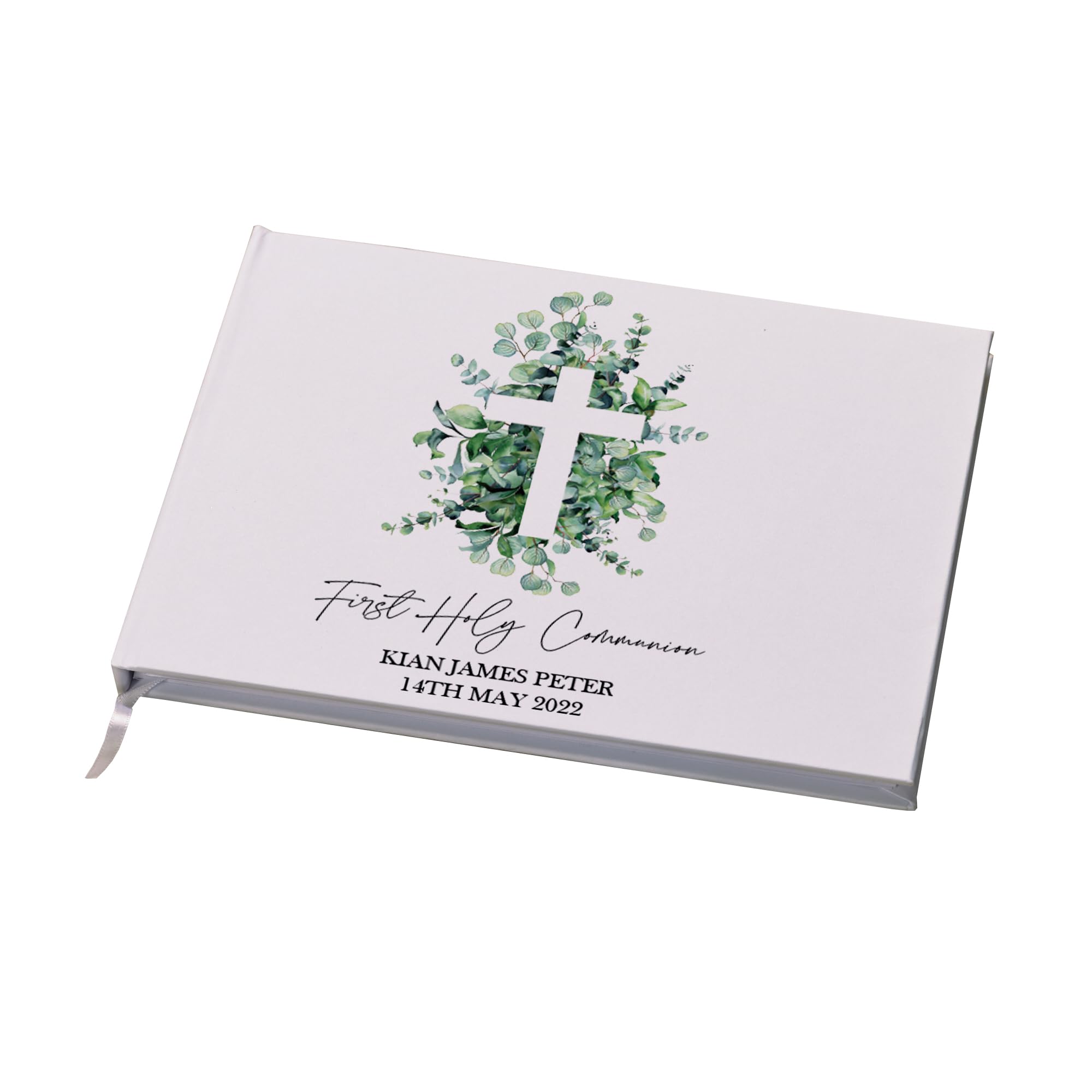 Ukgiftstoreonline White Personalised First Holy Communion Guest Book Eucalyptus And Cross