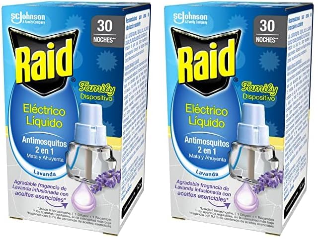 Raid Recambio Eléctrico Líquido Family Lavanda 30 noches - Cargador para aparato enchufe anti mosquitos comunes y tigre 2 en 1, mata y ahuyenta, Fragancia Lavanda (Paquete de 2)