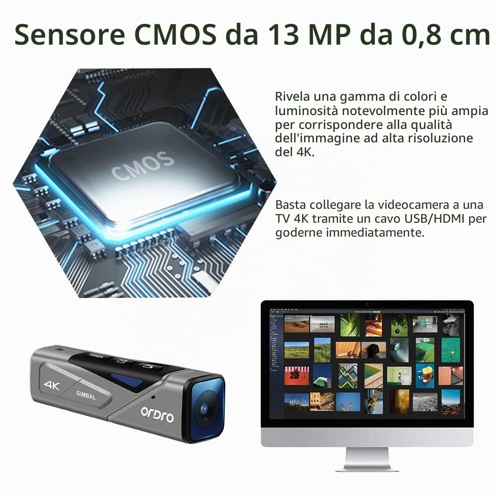 ORDRO Videocamera Vlogging EP7 4K 30fps UHD FPV Videocamera con stabilizzatore cardanico incorporato Messa a fuoco automatica, telecomando e scheda MicroSD da 64 GB