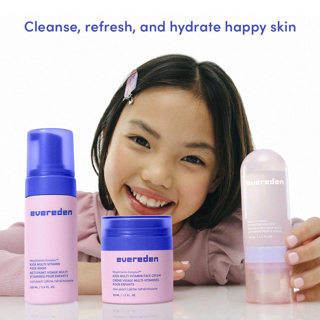 Evereden Kids Multi-Vitamin Hydrating Face Mist, Face Wash, & Kids Face Cream Set: Clean, Vegan, and Multivitamin-Rich Kids Skin Care Set for 6 & up - Moisturize & Refresh