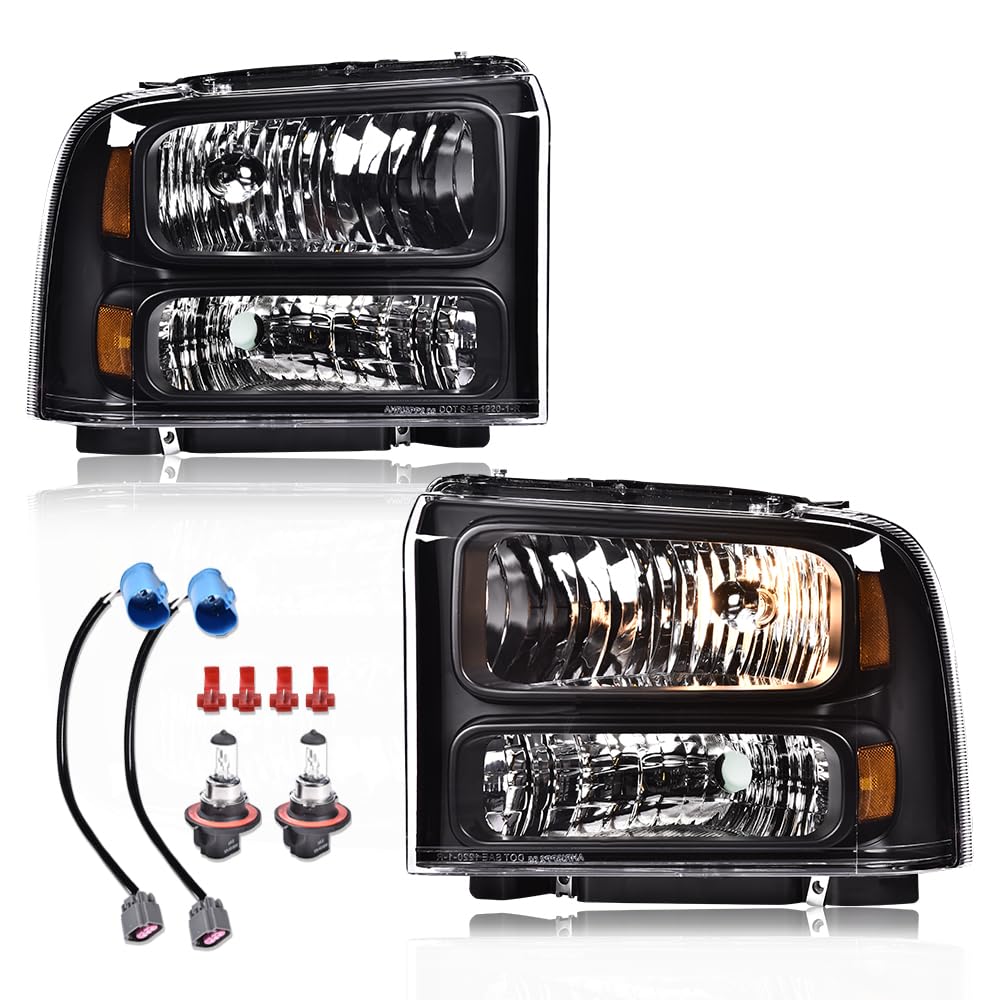 PIT66 Headlight Assembly Fit 1999-2004 Ford F250 F350 F450 F550 Super Duty | 00-04 Excursion W/Bulbs,Headlamp Replacement Signal Corner Light (NOT FOR SEALED BEAM MODELS) Black Housing Amber Reflector