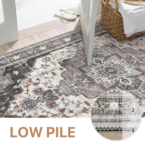 GENIMO 8x10 Area Rugs for Living Room, Machine Washable Non Slip Vintage Rugs, Low Pile Lightweight Chenille Print Rug for Bedroom, Dining Room, Home Office, Slate Gray