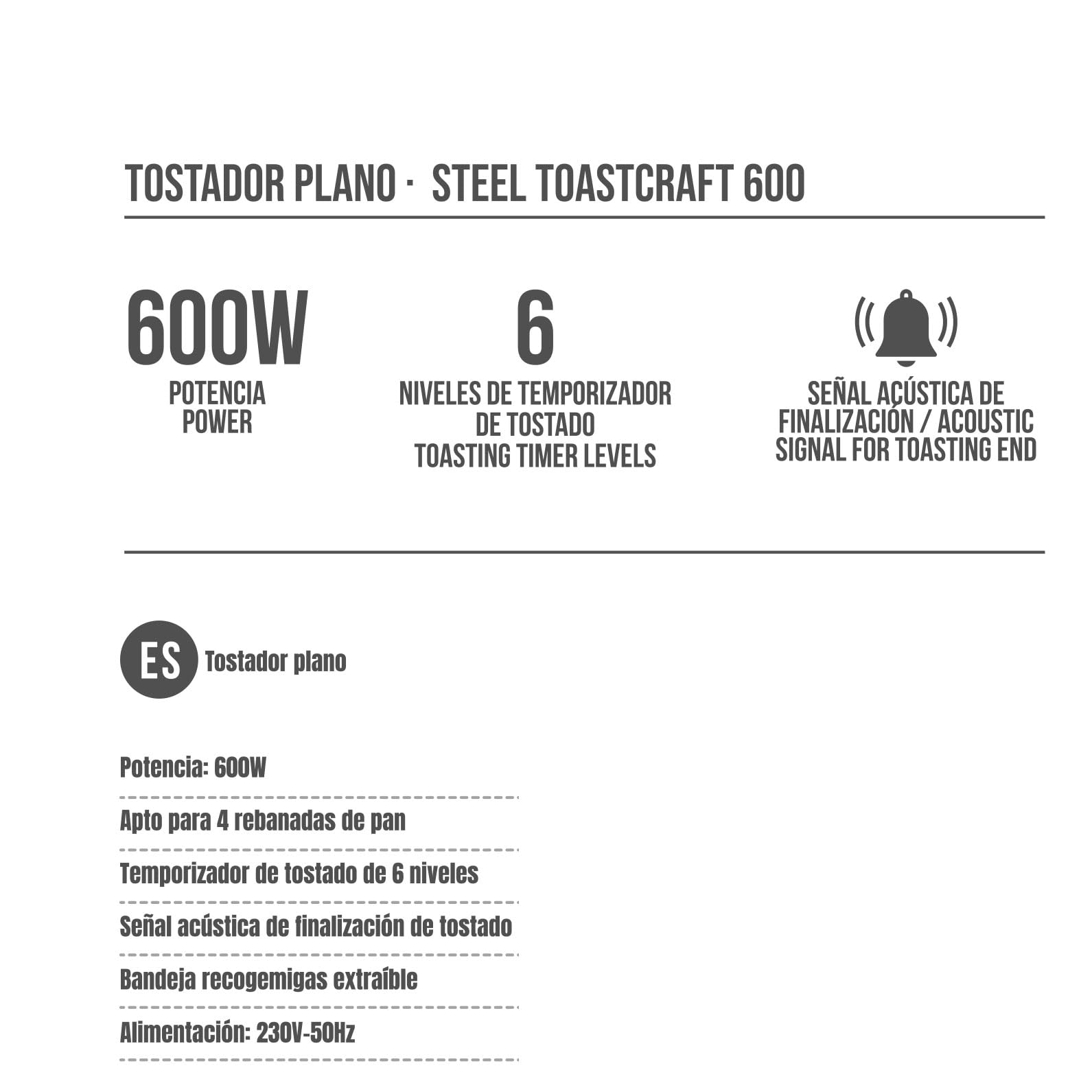 Grunkel - Tostapane per pane piatto per 4 fette da 600w TSP-INOX con 6 livelli di timer e segnale acustico di completamento. Include vassoio raccogli briciole rimovibile (Inox)