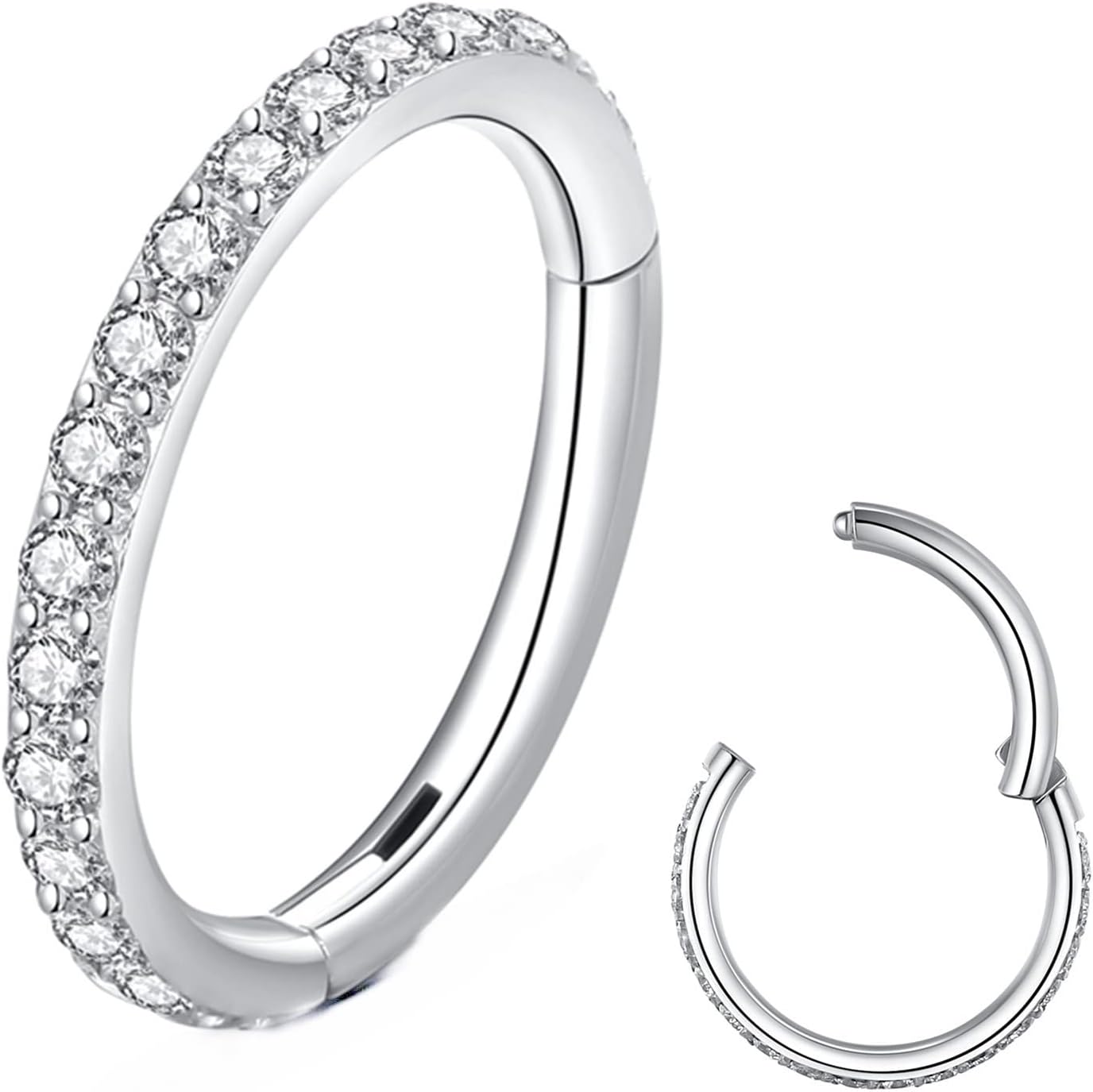 Clear CZ Nose Rings Hoop 316L Surgical Steel Cartilage Earrings Conch Daith Helix Rook Tragus Lobe Snug Body Piercing Jewelry 20G 18G 16G Stainless Steel Hinged Segment Rings Lip Rings