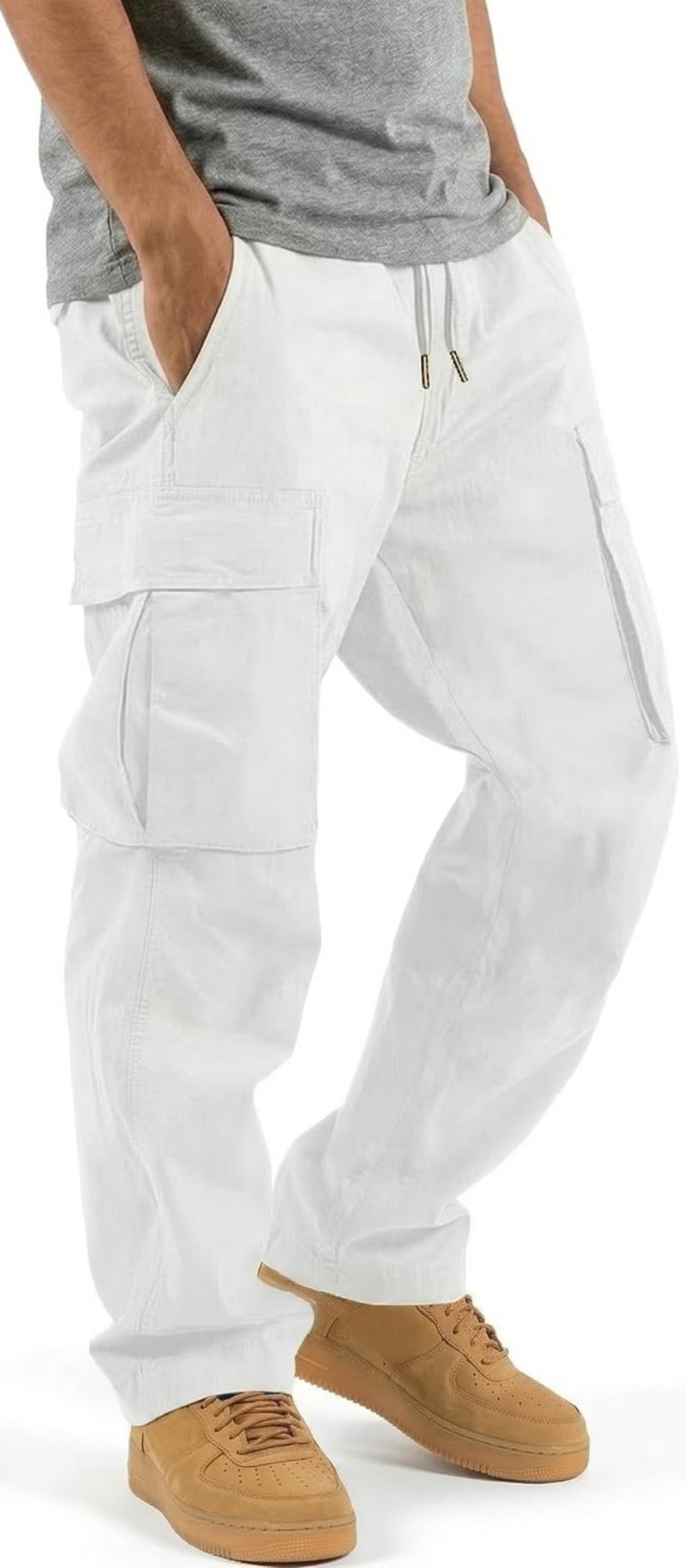 Mens Cargo Pants Drawstring Casual Hiking Pants Joggers Athletic Trousers Cotton Loose Straight Sweatpants for Men