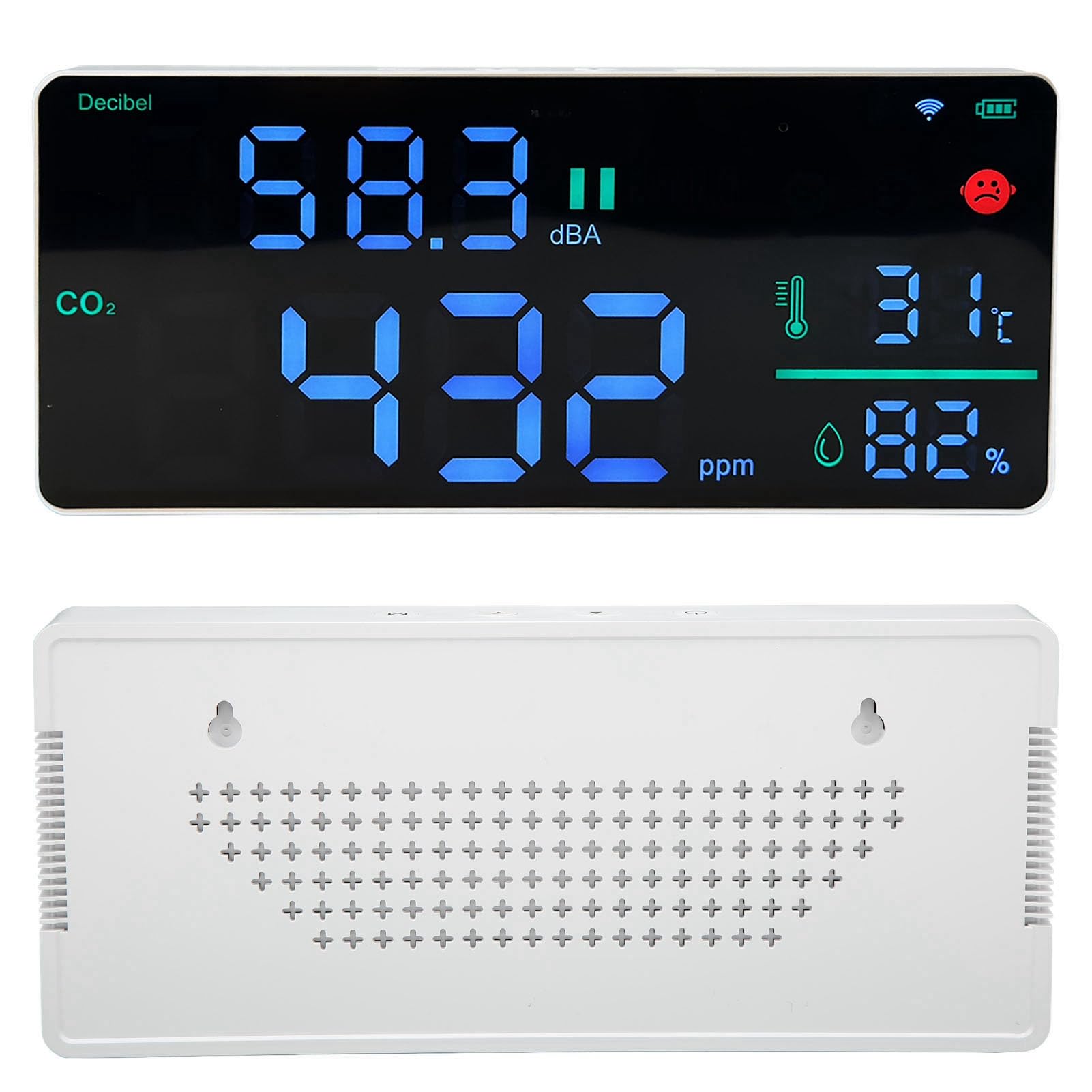 CO2-Monitor, Luftqualitätsmonitor, Digitaler Schallpegelmesser, Temperaturanzeige, Thermometer, Hygrometer, 11 Zoll LED-Anzeige, WiFi-App, Summer, Alarm, Wandhalterung für