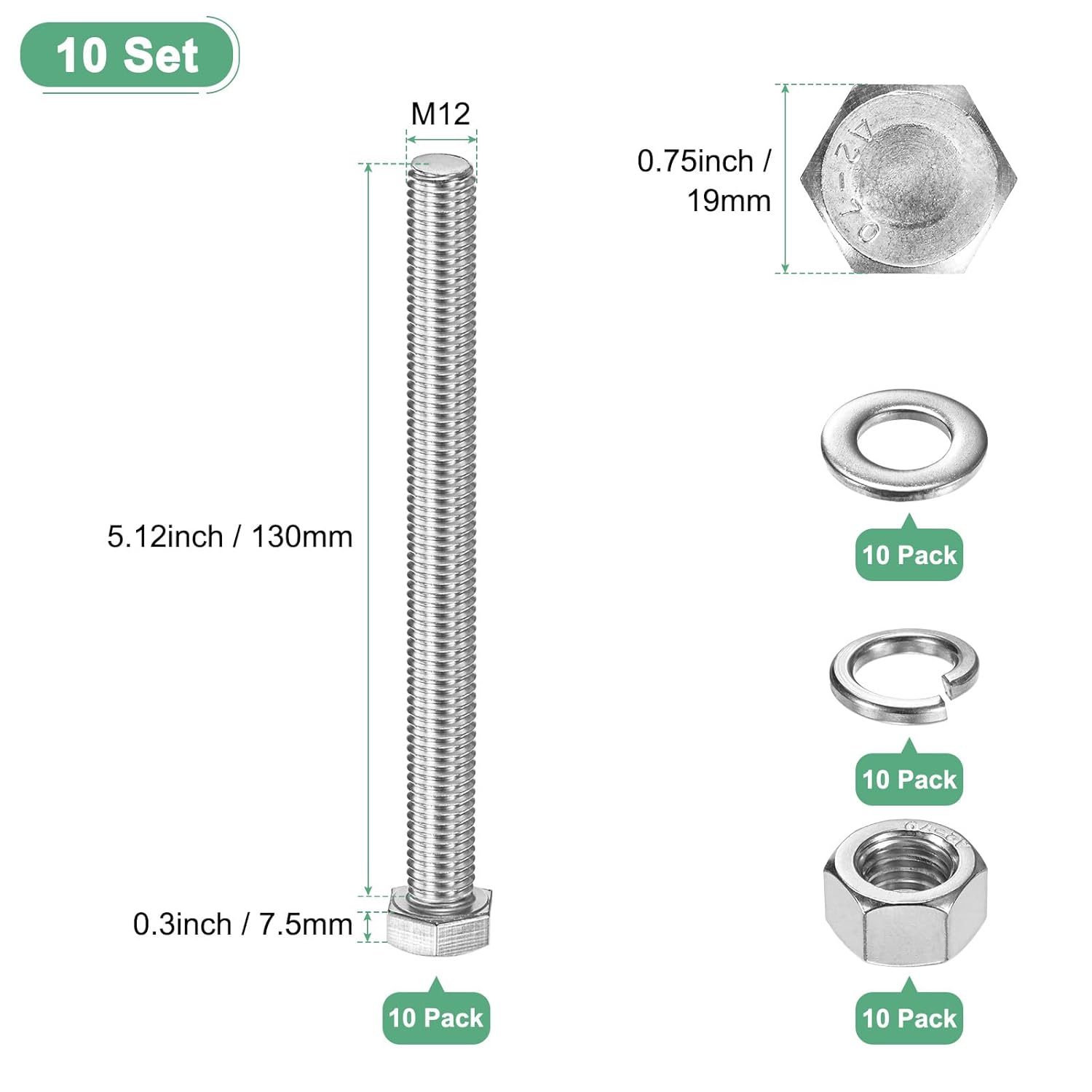M METERXITY 10-Pack Hex Head Screw Bolt with Nuts Flat & Lock Washers M12x130mm Stainless Steel Bolts and Nuts Kit Fully Threaded Metric Bolt Assortment for Equipment/Machinery