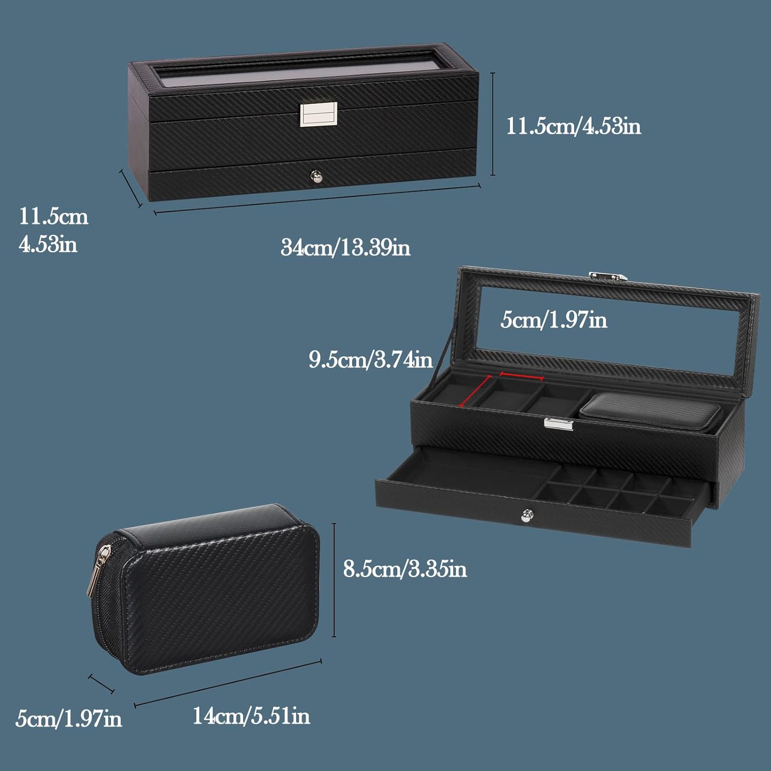 Watch Box and Watch Storage Bag Set,3 Compartment Watch Display Box with Drawers and a Portable Watch Case, Men's Watch Box with Glass Lid, 2 Tier Jewelry and Watch Organizer