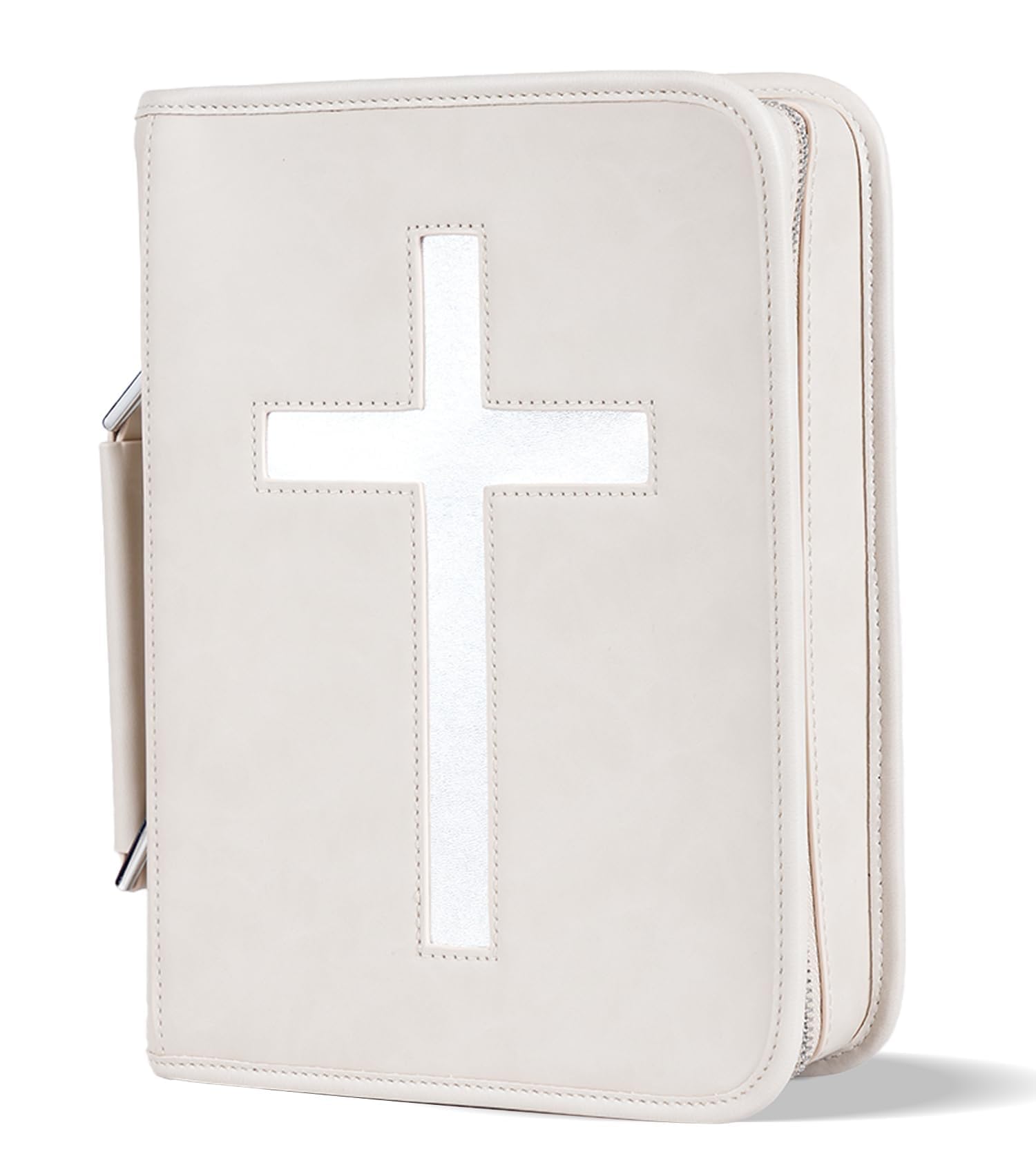 Vegan Leather Bible Cover Case, Bible Bag with Phone Pocket, Large Bible Case for Men Women, Christian Gift Box Packaging (White)