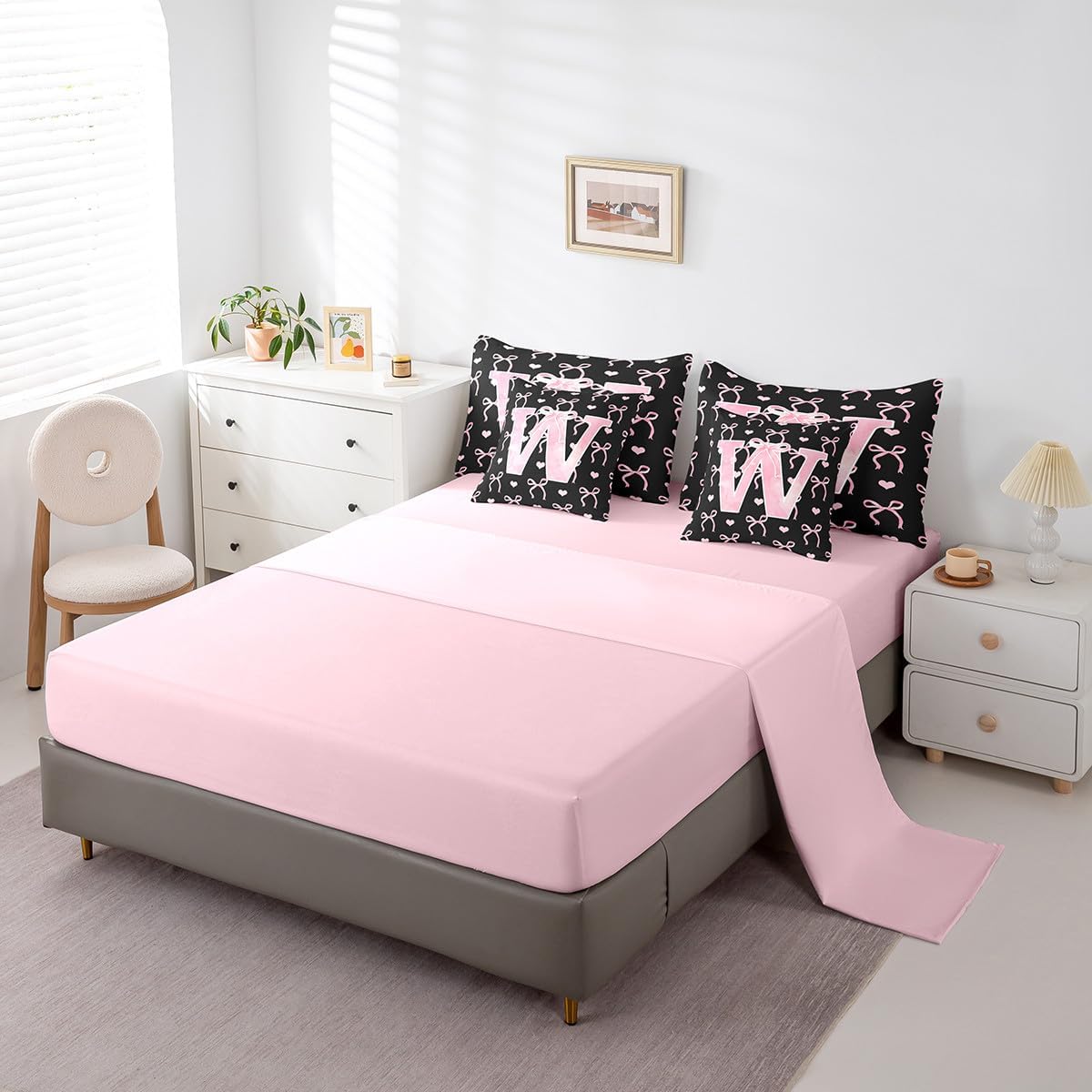 Erosebridal Black Pink Knot Set with Sheets Twin Size for Girls Watercolor Alphabet W 7 Piece Bedding Set Cute Love Hearts Gifts Fairy Cartoon Bowknot All Season Bed in A Bag