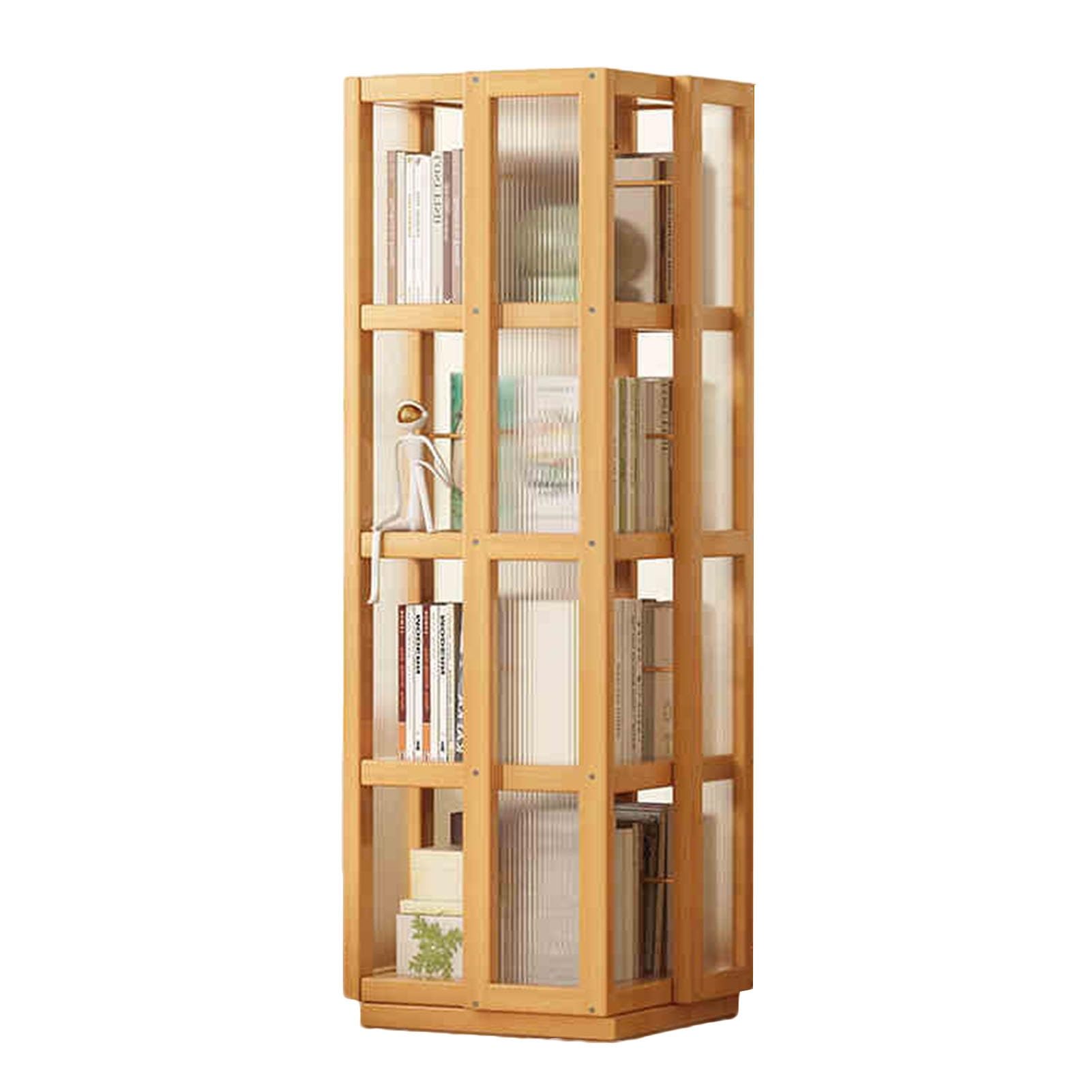 GCGC Rotating Bookshelf,4/5 Tier CD Display Rack, 360° Display Storage Display Rack Tower for Bedroom Living Room Office Library Small Space (Includes Bookshelf Only)(Wood color,35x35x124cm)