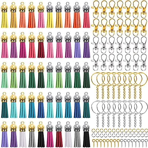 KIENAI 200 Pcs Key Chain Rings Keychain Tassels Set, Including 50 Pcs Leather Keychain Tassel 50 Pcs Key Chain Rings 50 Pcs Jump Ring and 50 Pcs Screw Eye Pins for Crafts (Gold and Silver)